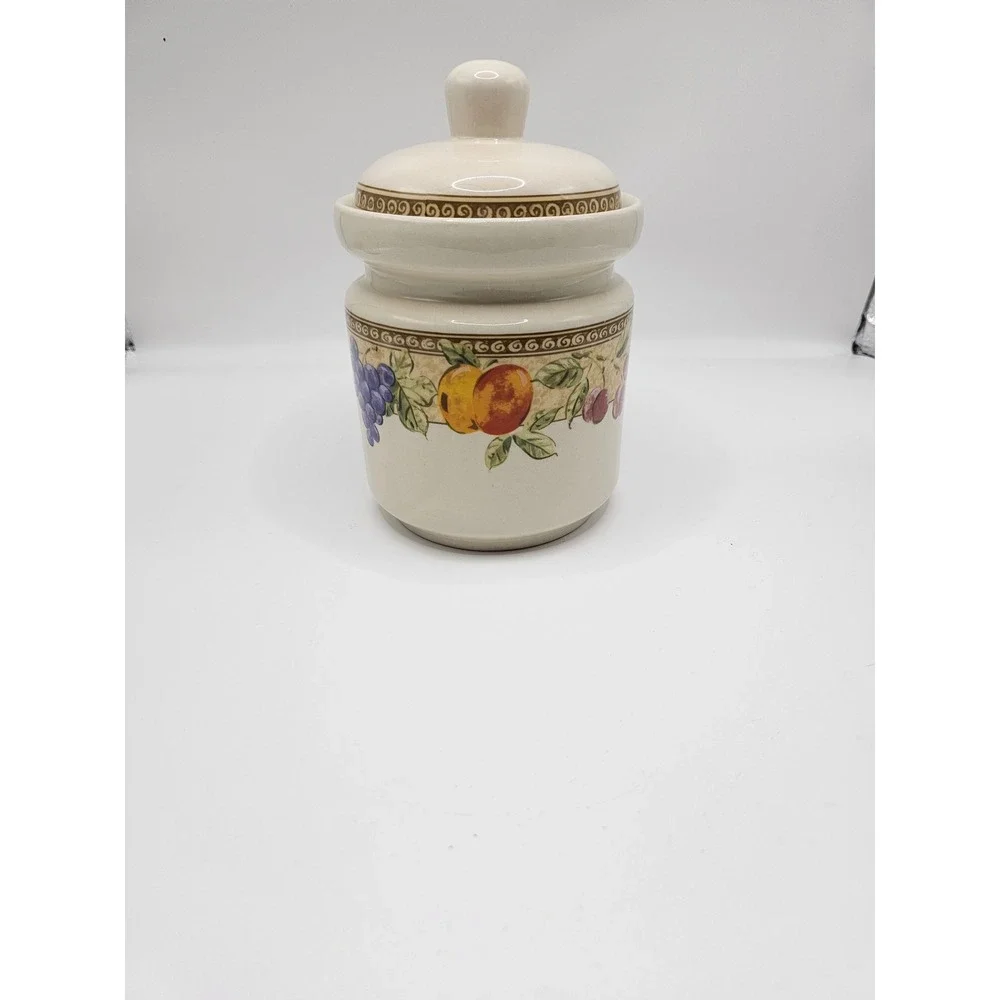 Gibson Everyday Fruit Ceramic Canister Small Jar with Lid Grapes Peaches Cream